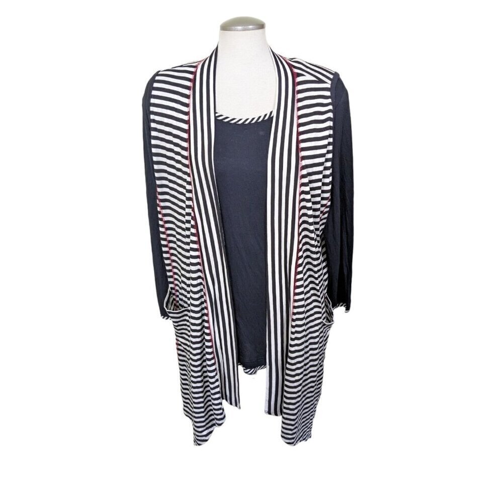 Parsley and Sage Womens 2 Piece Set Top L Open Vest XL Striped Black White Artsy
